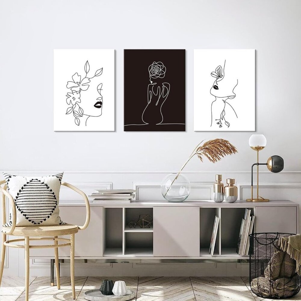 Minimalist Line Art Prints Set Of 3 Abstract Women Faces Flower Wall Art Black A